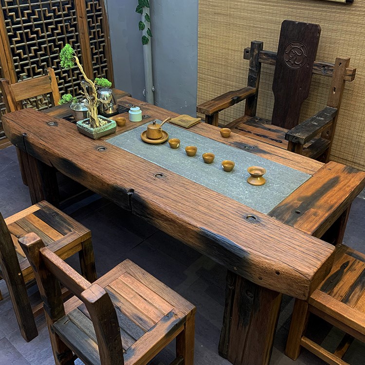 热销0件限时抢购新品老船木茶桌椅组合茶桌户外阳台功夫茶几茶台泡茶桌原生态实木