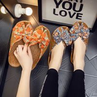 新款夏季藤草编织亚麻拖鞋女韩版蝴蝶结包头竹编拖鞋居家清凉拖鞋