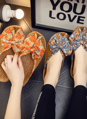 新款夏季藤草编织亚麻拖鞋女韩版蝴蝶结包头竹编拖鞋居家清凉拖鞋