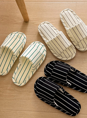 日系拖鞋室内家居夏季女款简约条纹吸汗软底地板居家棉麻拖鞋ins