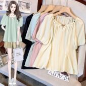 mm衬衫 短袖 夏季 女装 宽松串珠设计泡泡上衣衬衣 法式 新款 显瘦大码