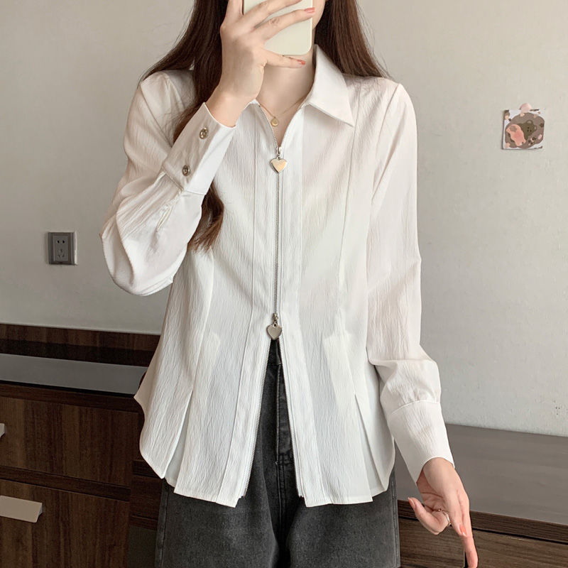 大码双拉链法式长袖衬衫设计感高级衬衣秋季新款显瘦上衣洋气遮肉