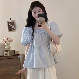 胖mm显瘦宽松遮肚子衬衣设计感小众方领上衣 大码 泡泡袖 衬衫 女夏季
