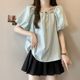 新款 法式 甜美宽松夏季 方领衬衫 娃娃上衣 设计显瘦串珠泡泡绑带短袖