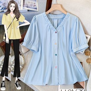 胖mm遮肚子宽松百搭显瘦上衣 女夏季 2024彩色纽扣褶皱V领短袖 衬衫