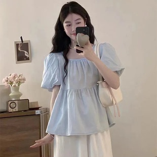 新款 泡泡袖 宽松小清新方领短袖 甜美气质时尚 褶皱 上衣衬衫 2026夏季