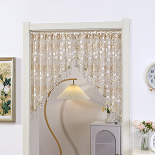 高档刺绣门帘卧室装饰水晶珠斜边纱帘隔断客厅玄关免打孔半截门帘