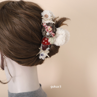 GUKUALI早秋毛绒发夹少女后脑勺新款抓夹鲨鱼夹子半扎发头饰发饰