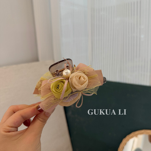 GUKUALI甜美蕾丝珍珠蝴蝶结抓夹