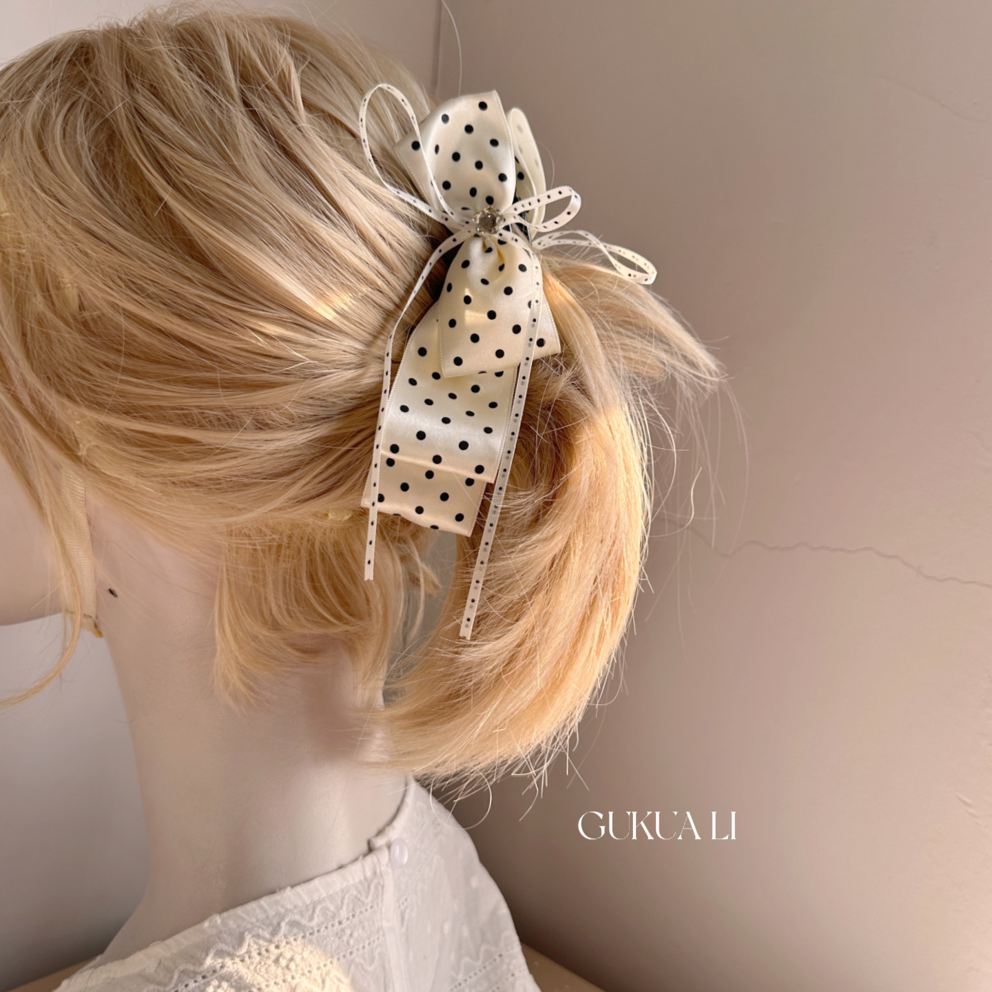 波点蝴蝶结发夹雪纺丝带复古甜美发饰女盘发