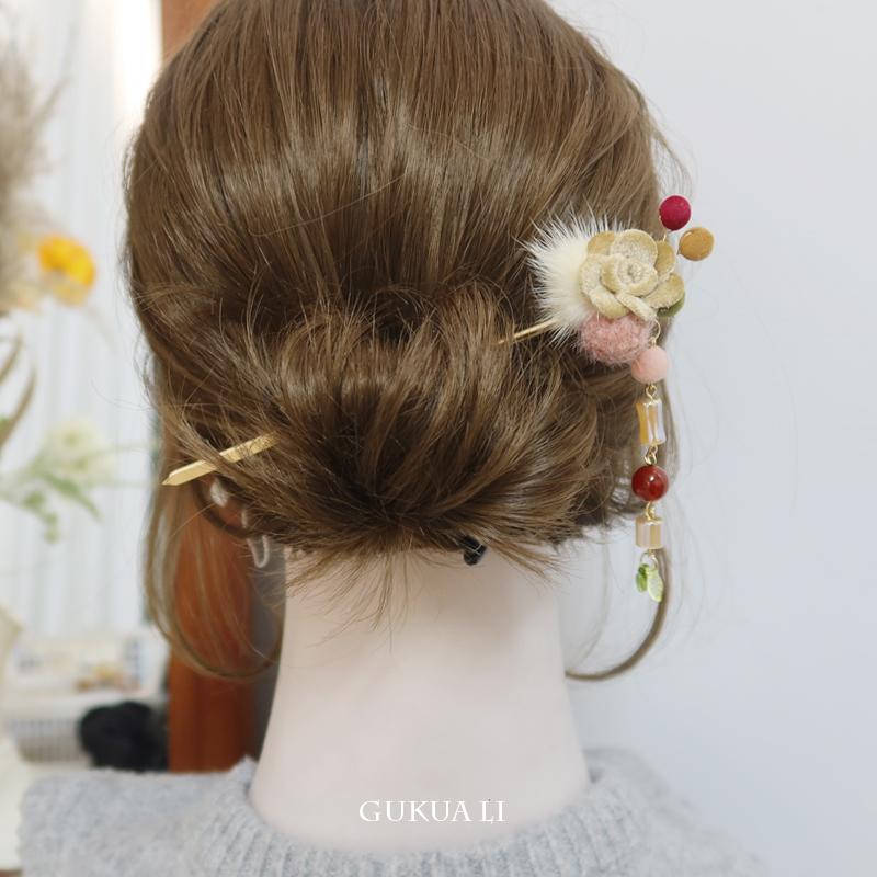 GUKUALI冬毛绒夹子超仙后压头饰花朵水貂毛流苏发簪古风发饰汉服