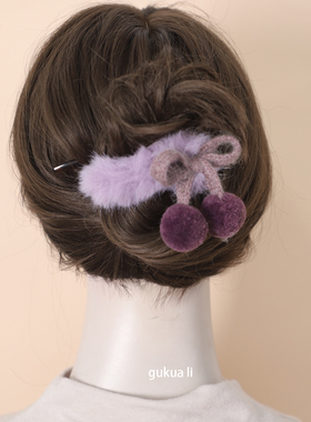 GUKUALI可爱甜紫色毛球蝴蝶结发夹女ins风毛绒发饰头饰扭扭夹发夹