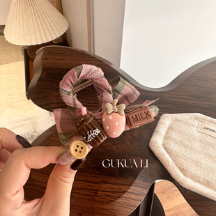 咖啡草莓~甜美格纹撞色结发夹女2026新款高端发卡后脑勺抓夹饰品