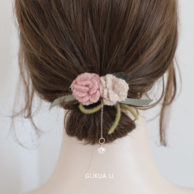 GUKUALI原创 春季新款双生花朵发圈森系少女气质扎头发发绳法式
