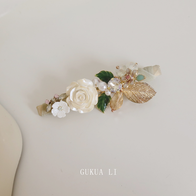 GUKUALI 香槟玫瑰庄园鸭嘴夹新中式复古气质百搭少女侧边夹发夹子