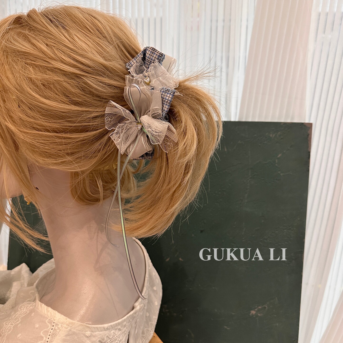 GUKUALI法式格纹蕾丝抓夹发饰