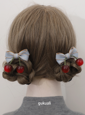 GUKUALI甜美头饰复古樱桃蝴蝶结发夹森系鸭嘴夹对夹侧边夹刘海夹