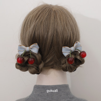 GUKUALI甜美头饰复古樱桃蝴蝶结发夹森系鸭嘴夹对夹侧边夹刘海夹