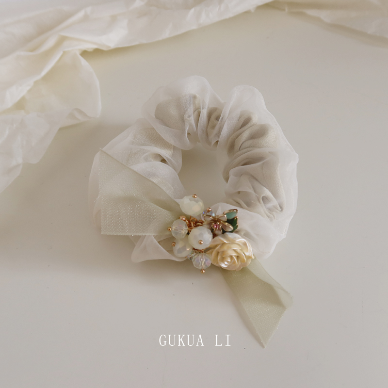 GUKUALI 香槟玫瑰庄园双层大肠发圈超仙少女气质扎头发发绳发饰