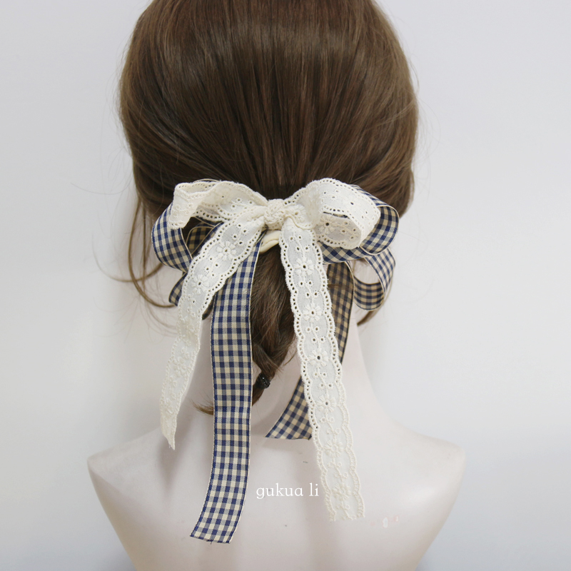 GUKUALI秋季新款格子蕾丝蝴蝶结飘带发圈发绳蝴蝶结蝴蝶结飘带圈