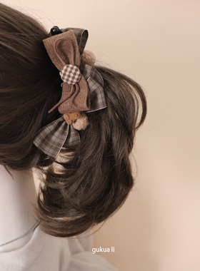 GUKUALI复古格纹蝴蝶结发夹女高级感毛球装饰香蕉夹高马尾发饰
