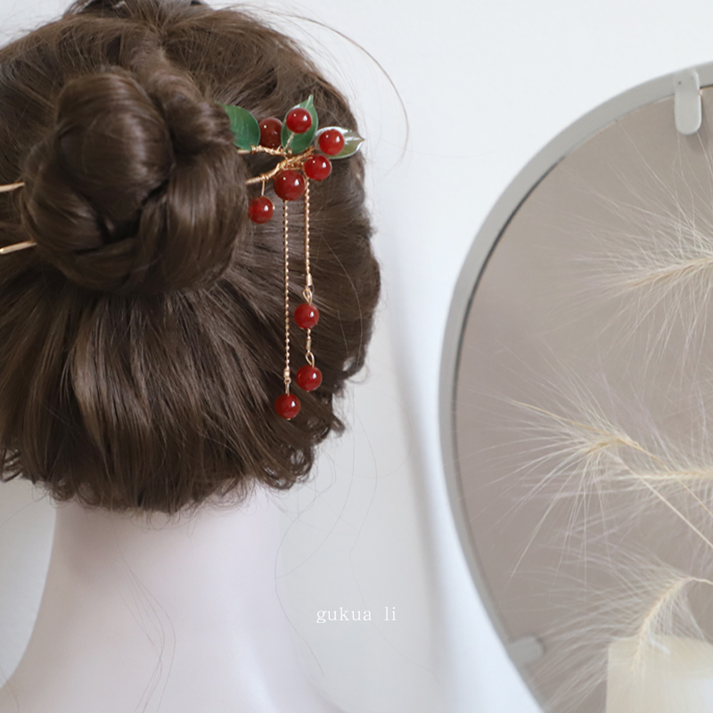 GUKUALI 2025春季新款相思红豆珠流苏发簪汉服古风发饰簪子头饰