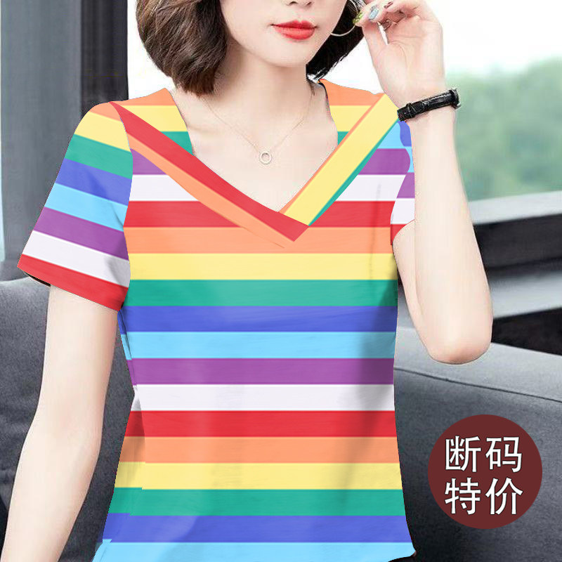 夏季新款条纹短袖t恤女设计感宽松显瘦体恤打底休闲正肩v领上衣女