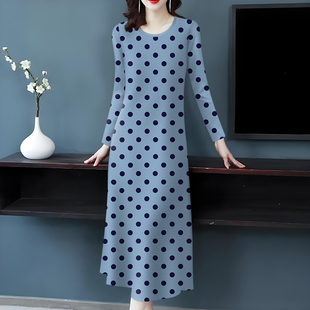 上新~波点印花长袖连衣裙女秋季新款休闲慵懒风长款宽松显瘦长裙