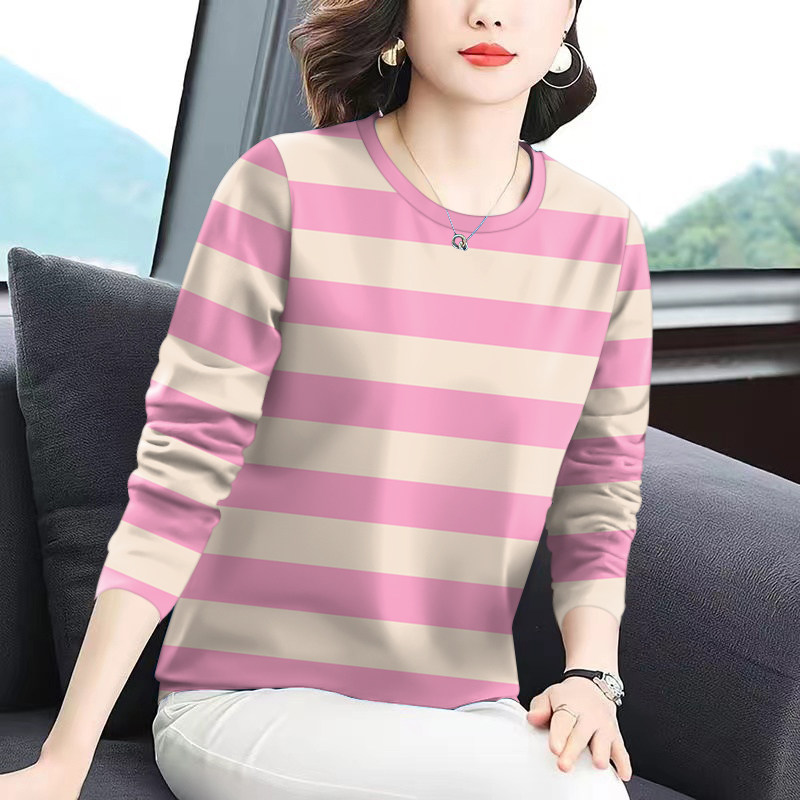 上新~2026女装新款春秋圆领打底条纹长袖宽松显瘦遮肚T恤女上衣潮