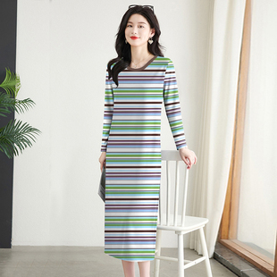 上新~条纹长袖连衣裙女春秋季新款休闲慵懒风长款宽松显瘦长裙子