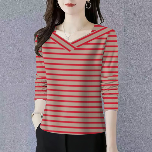 柠果条纹V领宽松显瘦长袖T恤女