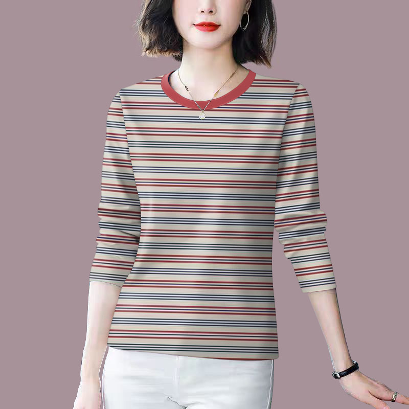 好品捡漏~早秋上衣女新款减龄条纹长袖宽松遮肚显瘦T恤女上衣潮