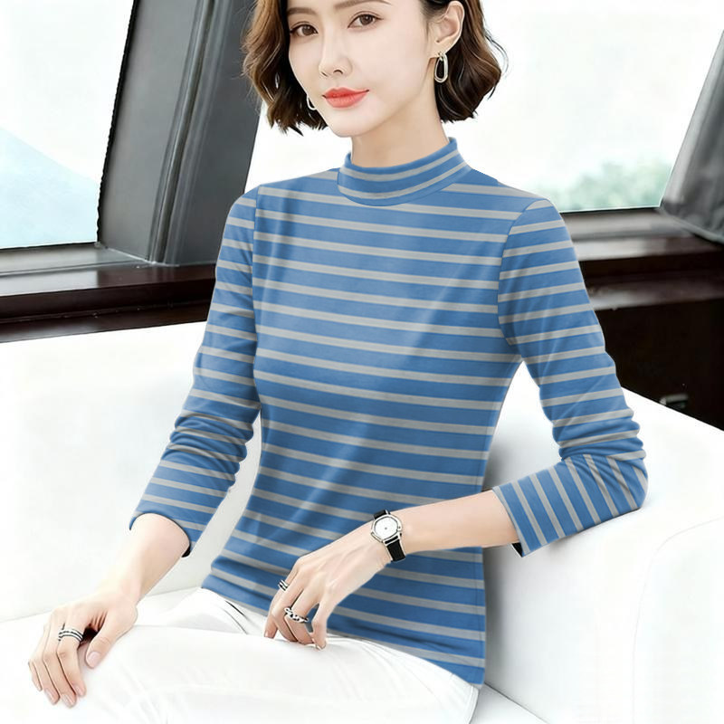 夏季薄款半高领条纹显瘦女T恤