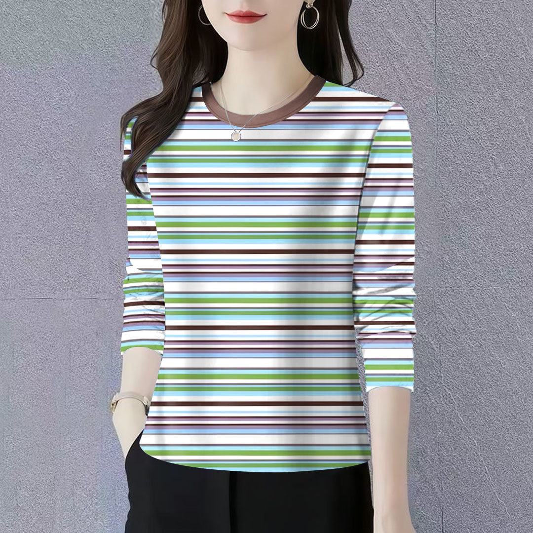 上新~夏季薄款上衣时尚款减龄条纹长袖宽松遮肚显瘦T恤女上衣潮