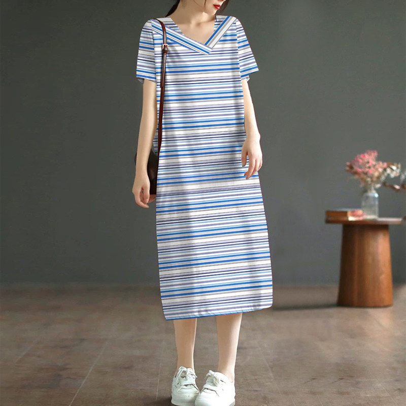2026夏季新款条纹正肩V领短袖中长款女装中长裙宽松遮肚连衣裙女