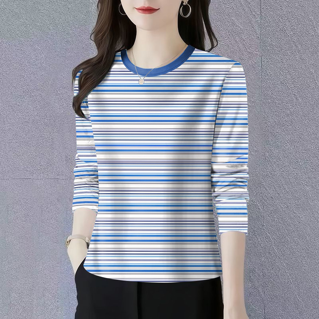 上新~夏季薄款上衣时尚款减龄条纹长袖宽松遮肚显瘦T恤女上衣潮