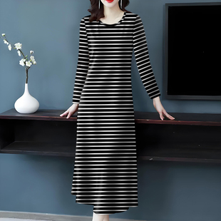 休闲慵懒风长款 连衣裙女新款 宽松显瘦长裙子 条纹气质长袖 夭夭依