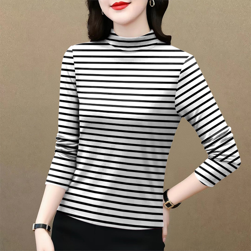 2026夏季薄款半高领时尚女装新款打底条纹长袖宽松显瘦T恤女上衣,女装/女士精品,T恤,淘宝优惠券,粉丝福利购,淘宝优惠卷