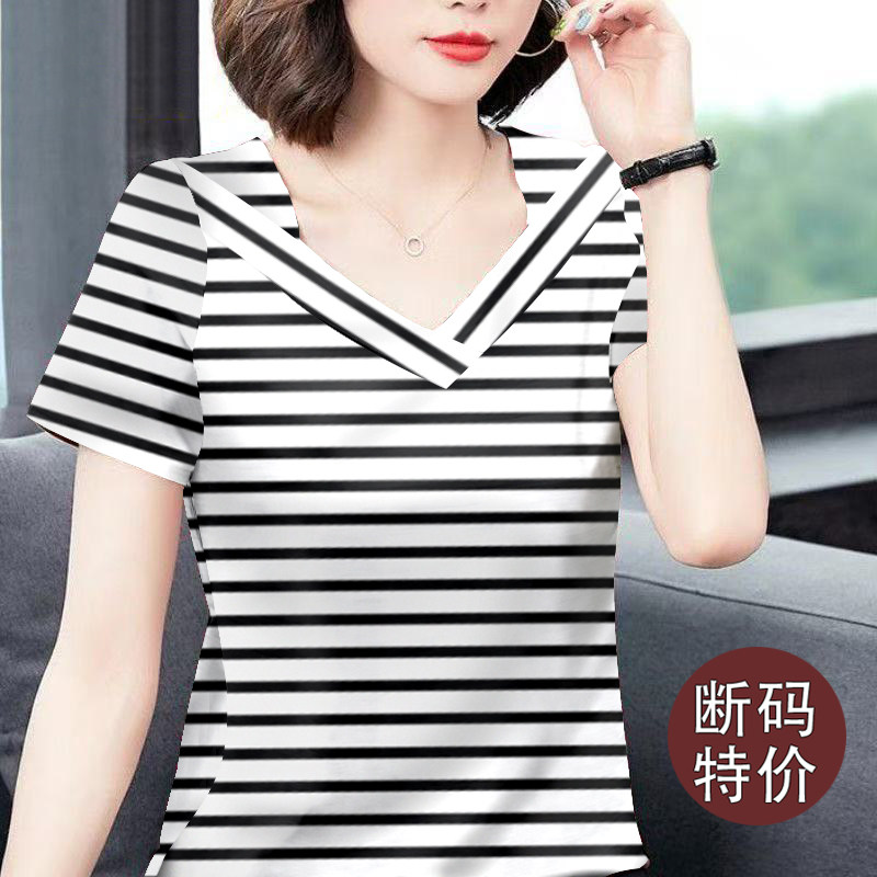 夏季新款条纹短袖t恤女设计感宽松显瘦体恤打底休闲正肩v领上衣女