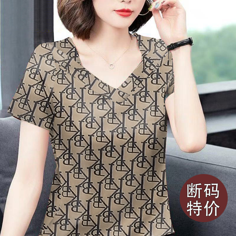 夏季新款条纹短袖t恤女设计感宽松显瘦体恤打底休闲正肩v领上衣女