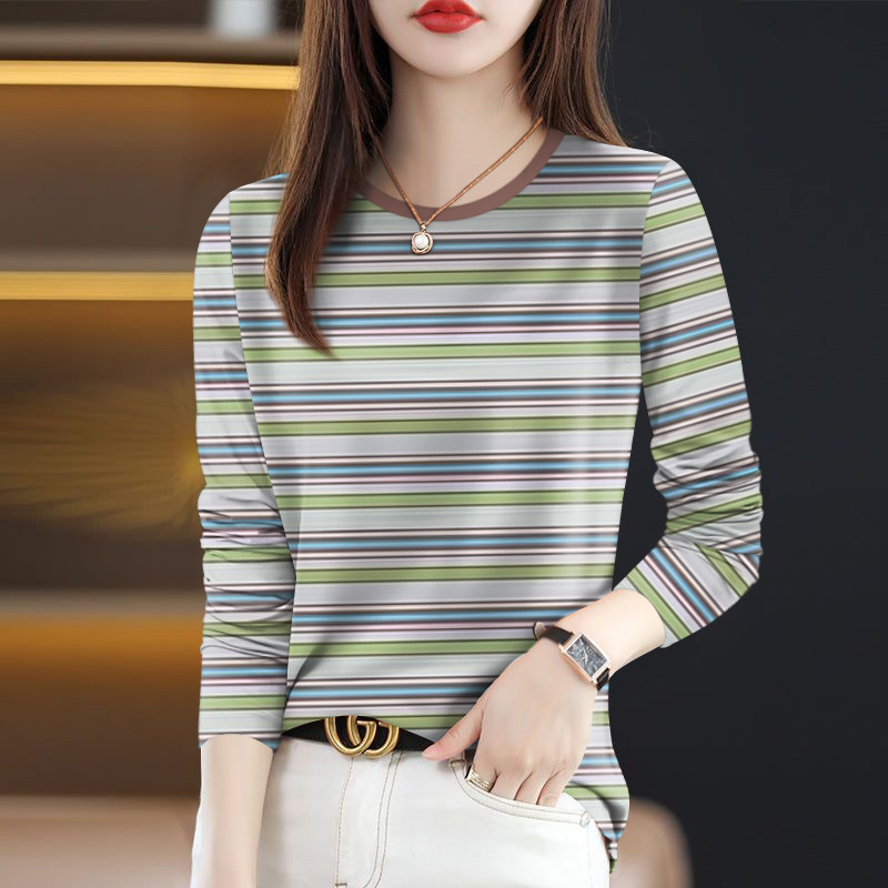夭夭依~女装夏季新款圆领经典条纹长袖宽松显瘦遮肚T恤女上衣潮