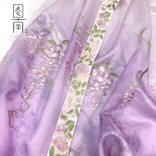 雪纺布料古风紫藤刺绣汉服面料