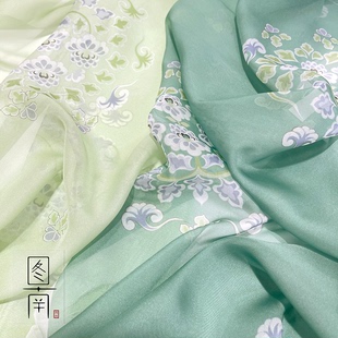 图南青玉团花汉服古风数码印花布料天丝雪纺设计师襦裙面料diy