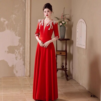 大合唱团演出服女长裙新款主持人气质朗诵晚礼服学生红歌比赛服装