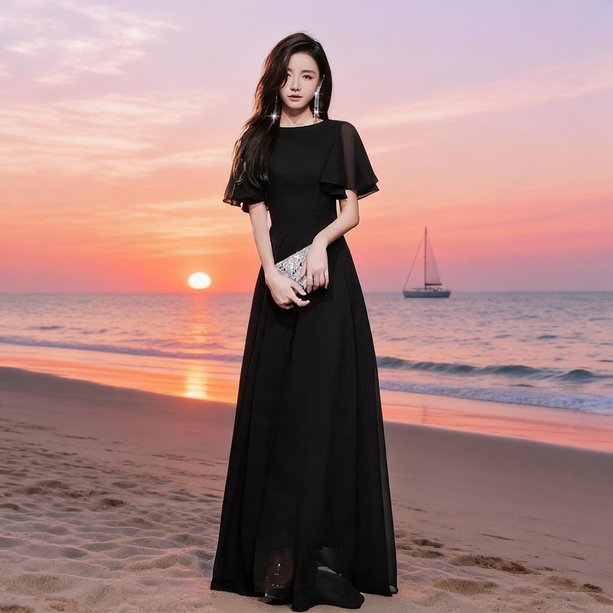黑色晚礼服女2026新款气质宴会雪纺气质年会主持人演出礼服裙长款图片
