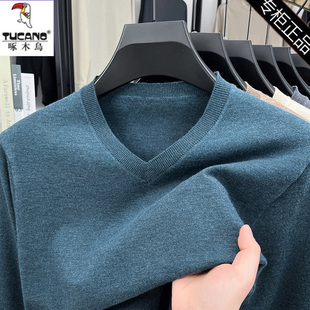 啄木鸟薄款羊毛衫男士中年V领针织衫春秋季鸡心领毛衣爸爸打底衫