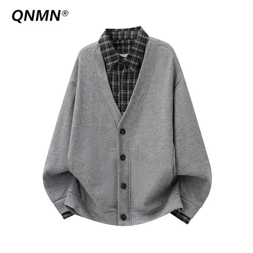 QNMN美式复古假两件卫衣开衫男生