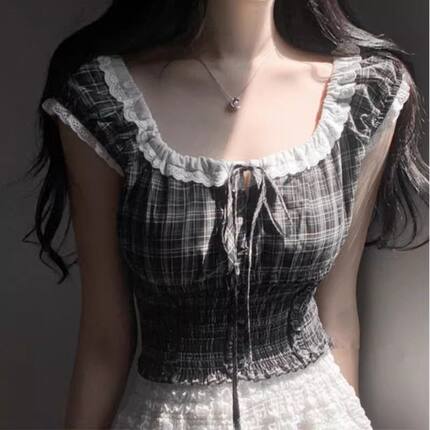 复古甜美风方领格子衬衫女短袖蝴蝶结系带收腰显瘦大码上衣