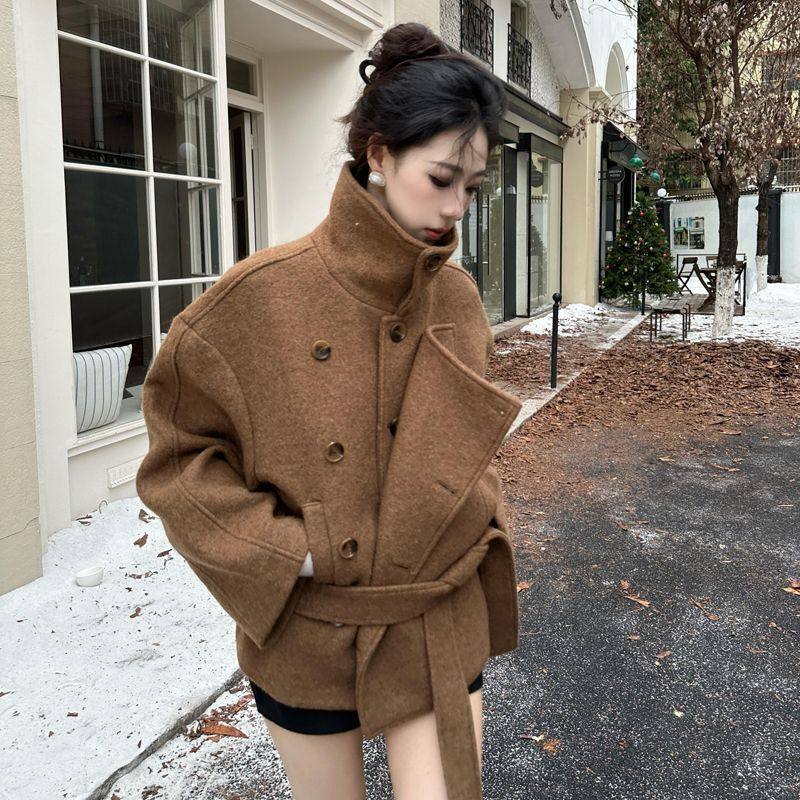 棕色复古风双排扣秋冬时尚款毛呢短外套女立领系带收腰大衣冬季,女装/女士精品,短外套,淘宝优惠券,粉丝福利购,淘宝优惠卷