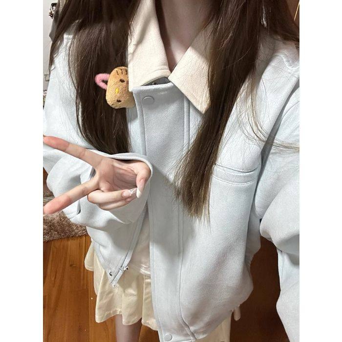 甜美可爱风翻领棒球服拉链外套女装宽松长袖初春新款穿搭绒料夹克